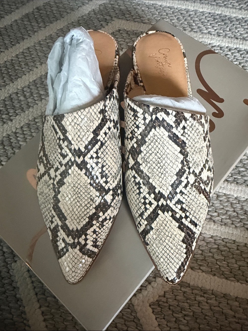 Crown Vintage Pointed Snake-Print Slip-On Mules in Beige and Brown size 7
